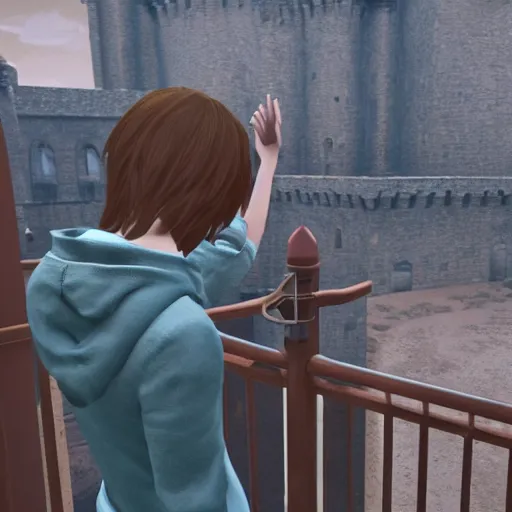 Image similar to A 3D render of Max Caulfield on the balcony of a castle