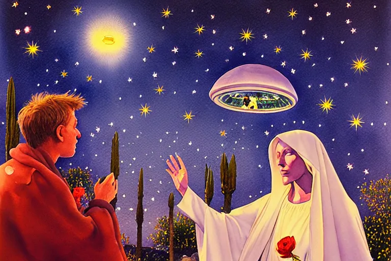 Prompt: a hyperrealist watercolour character concept art portrait of the virgin mary on well lit starry night in las vegas, nevada. a ufo is in the background. roses adorn. by michael kaluta, charles vess and jean moebius giraud