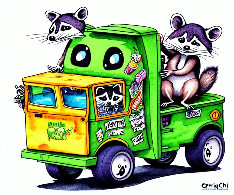 Image similar to cute and funny, ( ( ( racoon ) ) ) riding in a tiny garbage truck, ratfink style by ed roth, centered award winning watercolor pen illustration, isometric illustration by chihiro iwasaki, edited by range murata, tiny details by artgerm and watercolor girl, symmetrically isometrically centered, sharply focused
