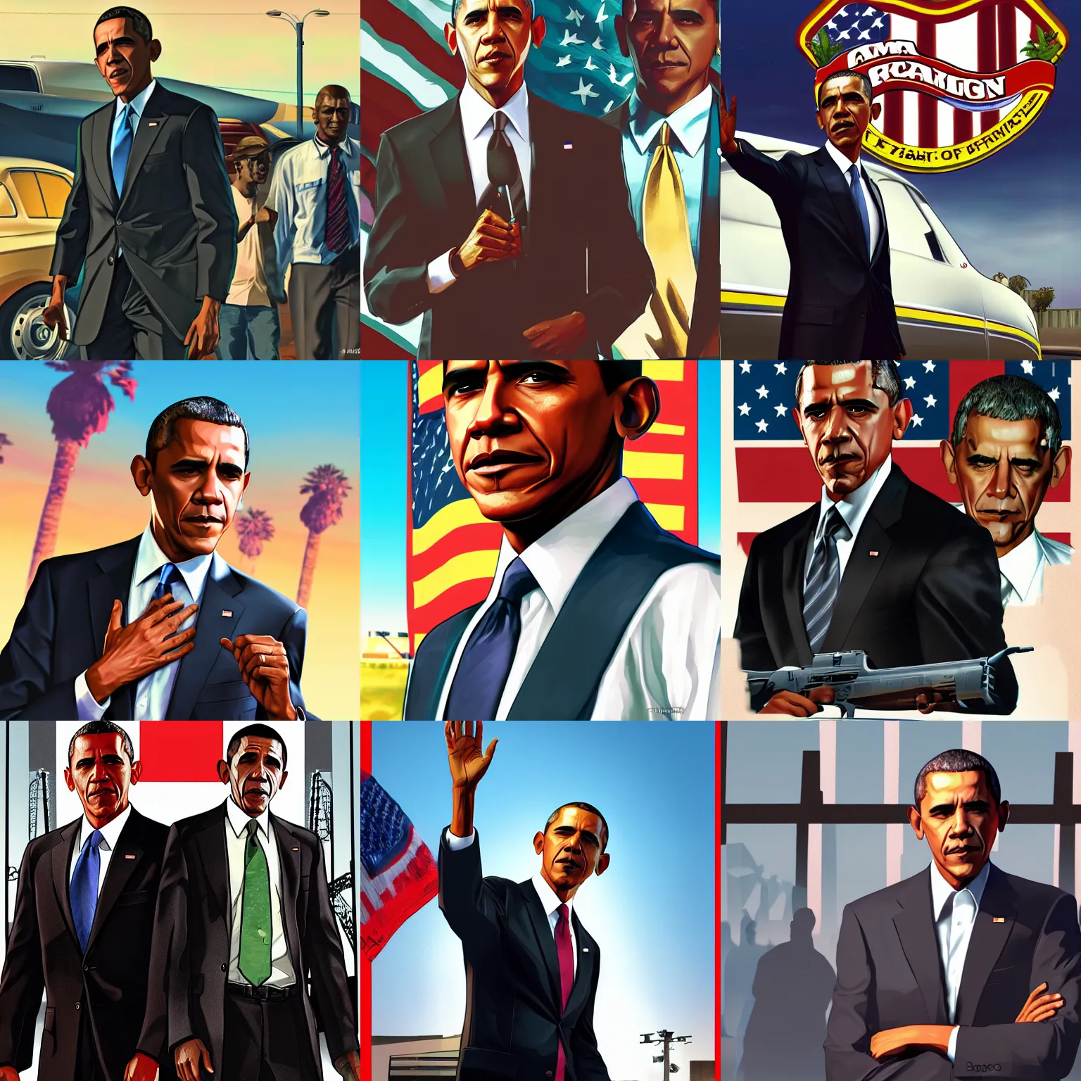 Prompt: Barack Obama in GTA V, cover art by Stephen Bliss, artstation