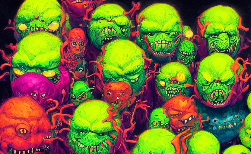 Image similar to an army of differnt tennis ball monsters, colorful, digital art, fantasy, magic, chalk, trending on artstation, ultra detailed, professional illustration by basil gogos