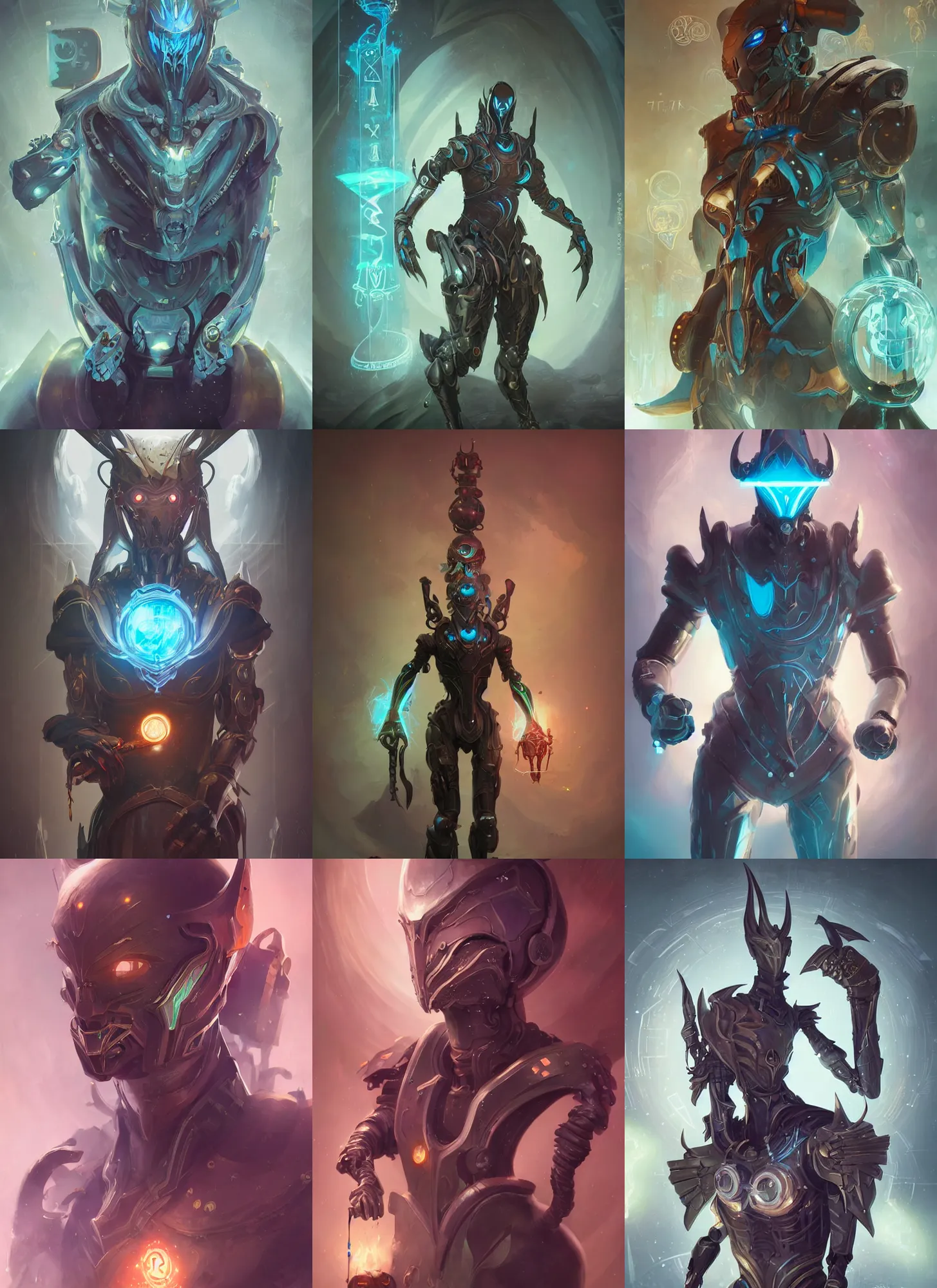 Prompt: science fantasy digital portrait of a slick humanoid robot with magic runes, fantasy dungeon background, action pose, peter mohrbacher, warframe concept art