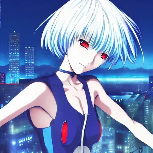 Image similar to anime art, anime fullbody shot of female rei ayanami, long blue hair and large eyes, finely detailed perfect face, in a modern skintight plugsuit, laying on a rooftop, flooded metropolis in ruins, red sea, trending on pixiv fanbox, evangelion, extremely high quality artwork by ilya kuvshinov