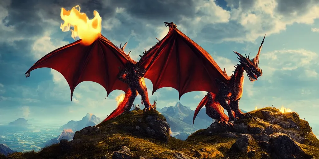 Image similar to A single dragon with half open wings breathing fire on the top of a mountain, epic composition, detailed and intricate image, cinematic, 4K