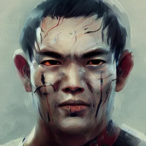 Prompt: a space ship crew member, male, asian, stubble, scars, tired smirk, sci fi character portrait by Ruan Jia and Mandy Jurgens