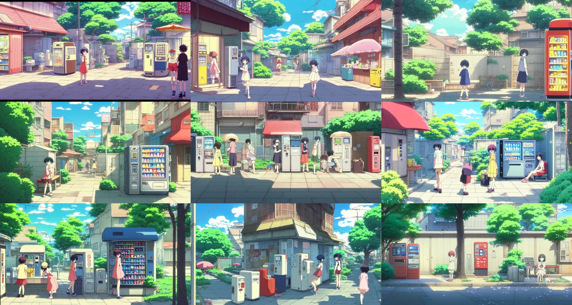 Prompt: beautiful slice of life anime scene of suburban alleyway, vending machine, summer, relaxing, calm, cozy, peaceful, by mamoru hosoda, hayao miyazaki, makoto shinkai