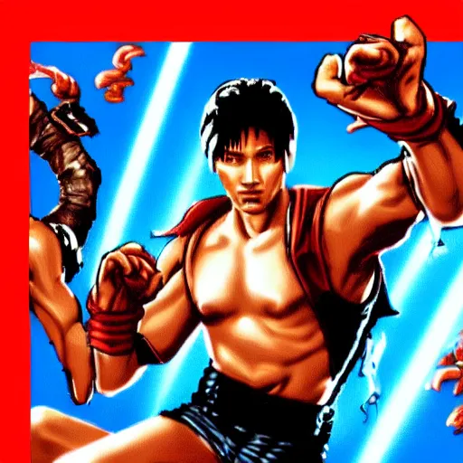 Image similar to portrait of keanu in double dragon video game splash screen