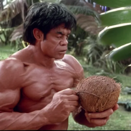 Image similar to a film still of hulk drinking coconut water