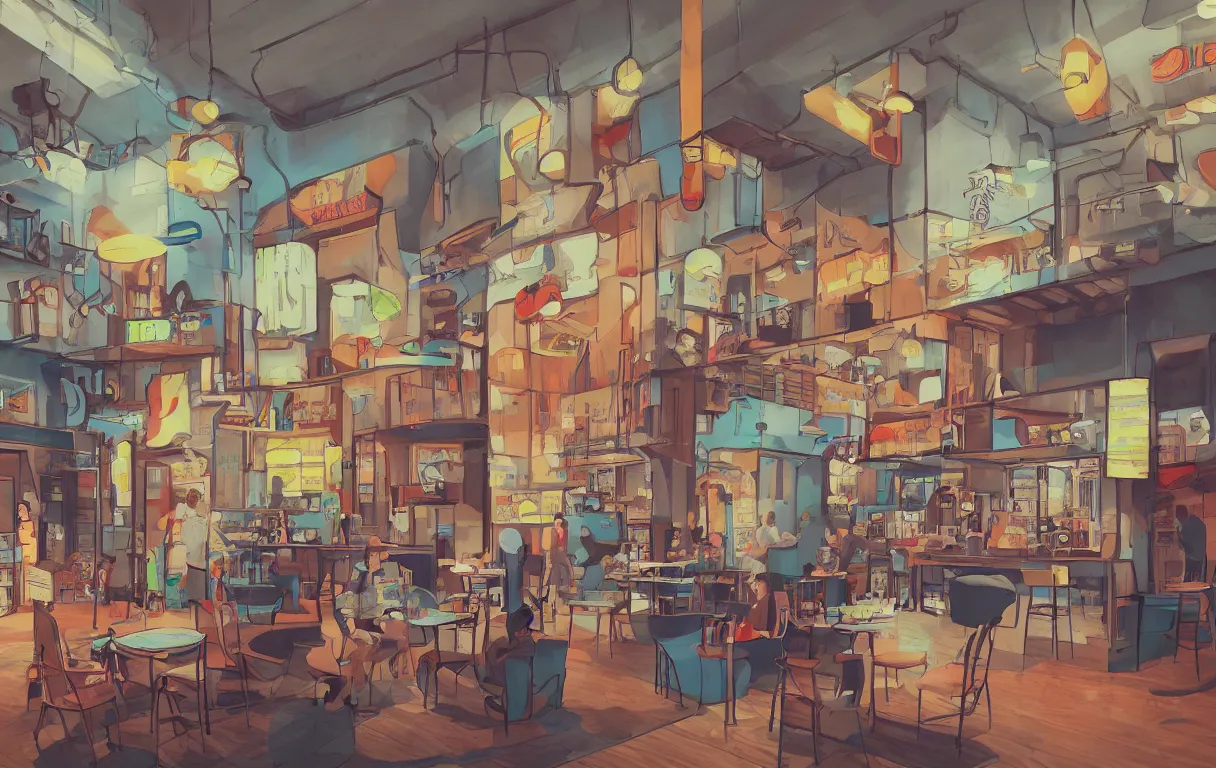 Prompt: a coffee shop by Kirokaze, bright colors, trending on artstation