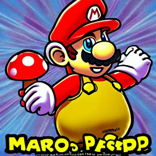 Prompt: drunk mario eats a big mushroom and has psychedelic hallucinations in his head