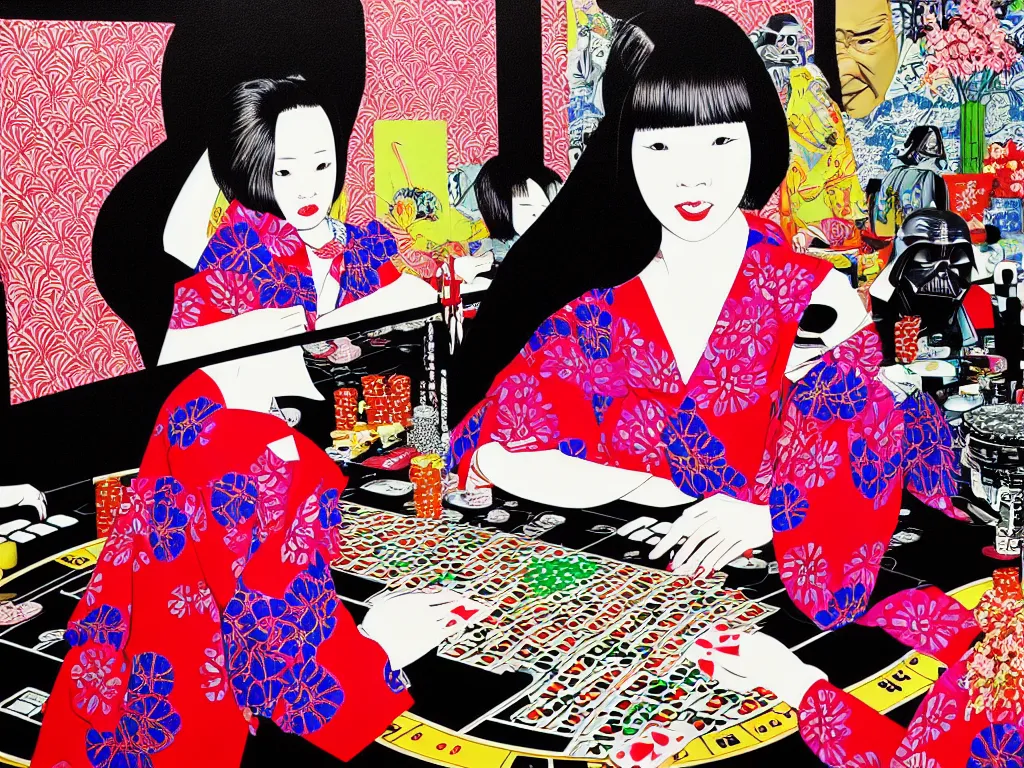 Image similar to hyperrealism composition of the detailed woman in a japanese kimono sitting at an extremely detailed poker table with darth vader, fireworks and folding screen on the background, pop - art style, jacky tsai style, andy warhol style, acrylic on canvas