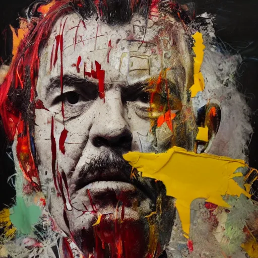 Image similar to hyperrealistic, photorealistic, mixed media oil painting of captain beefheart, magazine scraps, plaster, blood, oil, mustard, splatter, greg rutkowski, basquiat, ralph steadman, wesley kimler, terry gilliam, andy warhol, wesley kimler