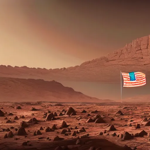 Prompt: overview photo of the sprawling colony on mars with the martian flag, photorealistic matte painting, concept art, hazy atmosphere