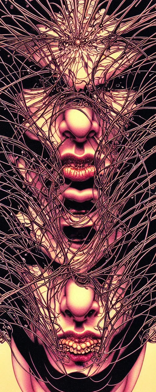 Image similar to closeup of face melting in agony, inside a frame on a tiled wall, frontal picture, by yoichi hatakenaka, masamune shirow, josan gonzales and dan mumford, ayami kojima, takato yamamoto, karol bak