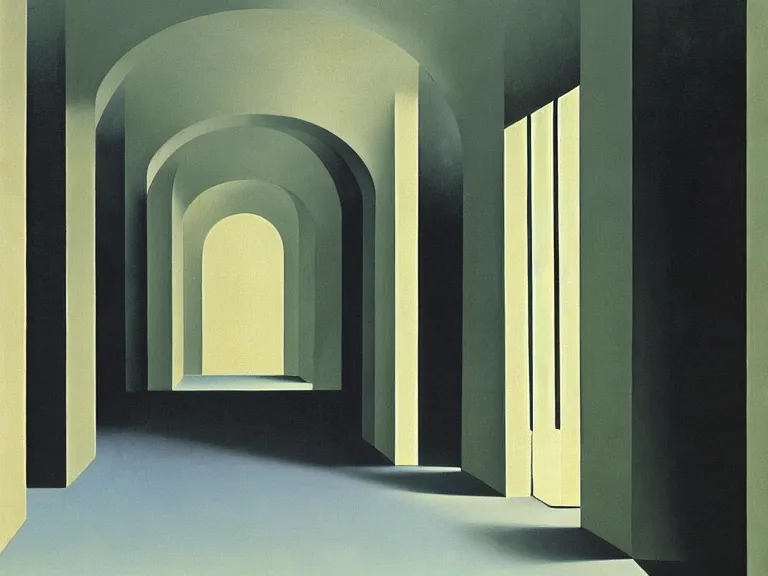 Image similar to infinite endless hallway painting by rene magritte, high detail, high resolution