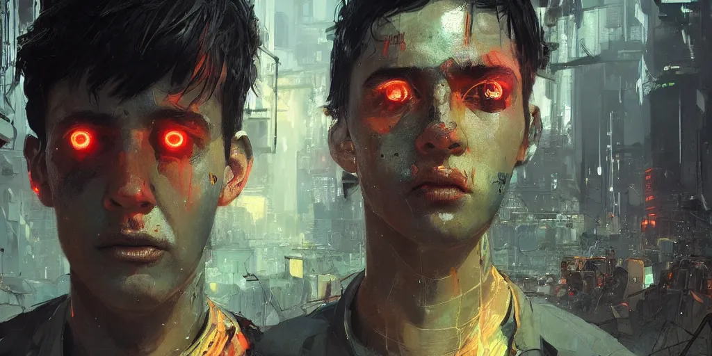 Prompt: extreme closeup on the eyes of a neon guard boy with short dark hair cyberpunk futuristic, in front of a dystopian crowd with piles of garbage by Ismail inceoglu dragan bibin hans thoma, Perfect face, fine details, realistic shaded, fine-face, pretty face