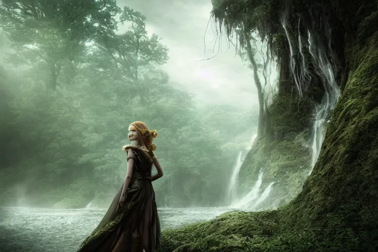 Image similar to an ultra realistic, cinematic, fantasy, headshot portrait, of an elden ring elf, fairy lights, facial features, background of a vast serene landscape, with trees and waterfalls, detailed, deep focus, movie still, dramatic lighting, ray tracing, by michal karcz and yoshitaka amano