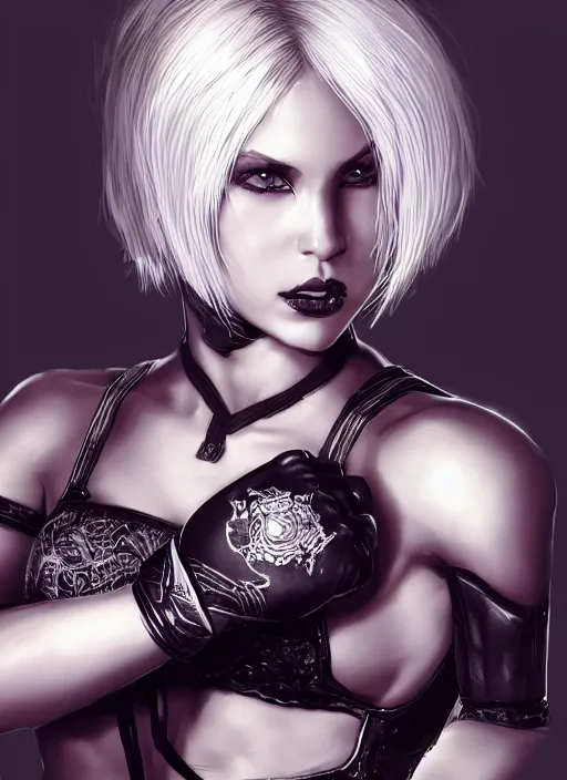 Prompt: a highly detailed illustration of short haired platinum blonde woman wearing black mma bra and gloves, dramatic muay thai fight stance pose, muscular, intricate, elegant, highly detailed, centered, digital painting, artstation, concept art, smooth, sharp focus, league of legends concept art, WLOP