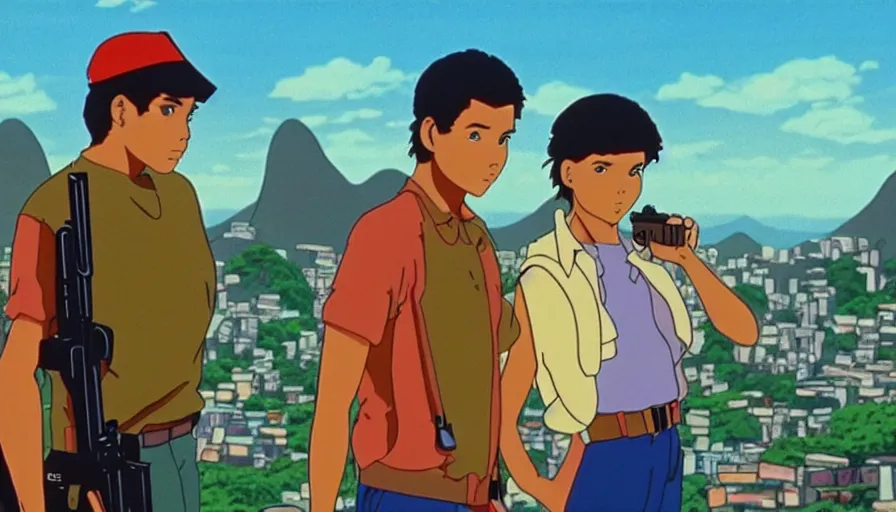 Prompt: 1 9 8 6 movie screencap of a couple with a gun on a rio de janeiro, gucci clothes, studio ghibli sky, beautiful favela background extremely utra high quality artwork 8 k