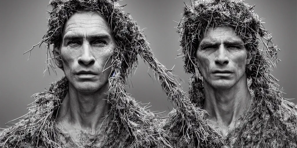 Image similar to portrait of a tyrolean farmer, wearing hay coat, with horns, visible muscles and veins and arteries and bones and spines and nerves, flowers growing out of his body, beautiful detailed intricate insanely detailed octane render, 8k artistic photography, photorealistic, chiaroscuro, by David Cronenberg, Raphael, Caravaggio