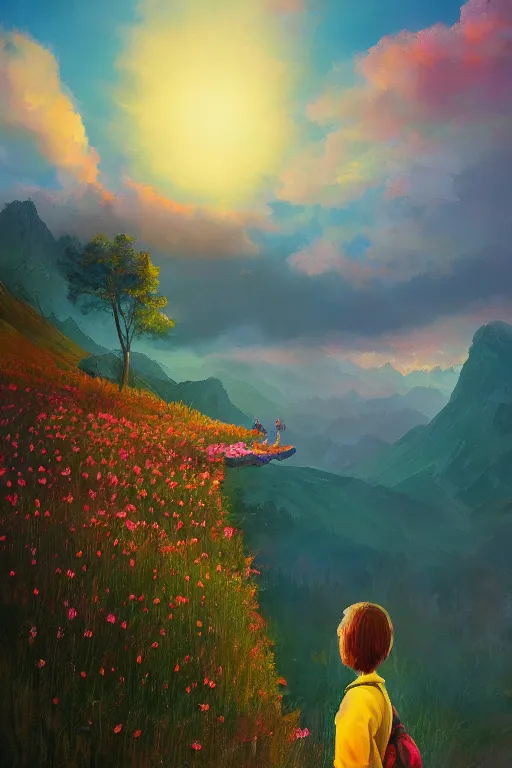 Image similar to giant daisy flower head, girl hiking in the mountains, surreal photography, sunrise, dramatic light, impressionist painting, colorful clouds, digital painting, artstation, simon stalenhag