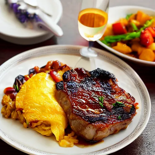 Prompt: caramelized pork chops and omelette, professional food photography in fancy restuarant