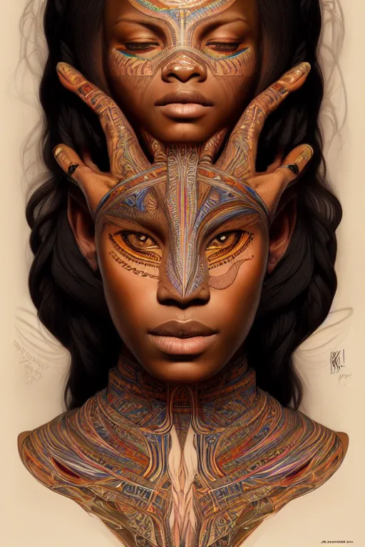 Image similar to symmetrical body portrait of beautiful nubian tribal tattooed young woman, intricate, elegant, highly detailed, digital painting, artstation, concept art, smooth, sharp focus, illustration, art by artgerm and greg rutkowski and alphonse mucha, 8 k