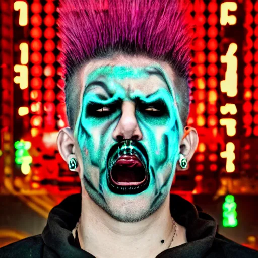 Image similar to neonpunk anarchist with mohawk and cyber implants on face, fuming, angry, grinning