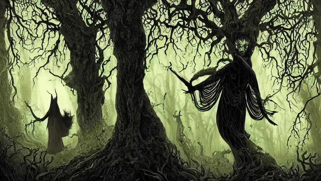 Image similar to silhouette of a witch walking in a forest path, beautiful ancient trees, serene evening atmosphere, scary, by asaf hanuka, by karol bak, by tony diterlizzi, colored pencil, fine art, scary, dark fantasy