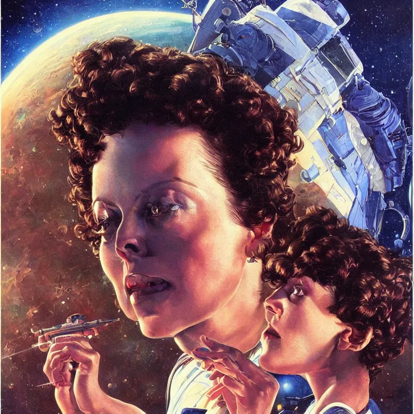 Prompt: close - up portrait of retrofuturistic young sigourney weaver in space. reflective detailed textures. soft gloomy dark background. highly detailed fantasy science fiction painting by moebius, norman rockwell, frank frazetta, and syd mead. rich colors, high contrast. artstation