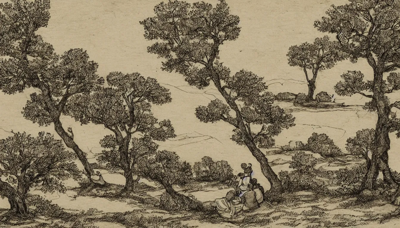 Prompt: a couple sits on a hill overlooking a river, yellowed paper, wind blown trees, pen and ink, 1 5 0 0 s, 8 k resolution