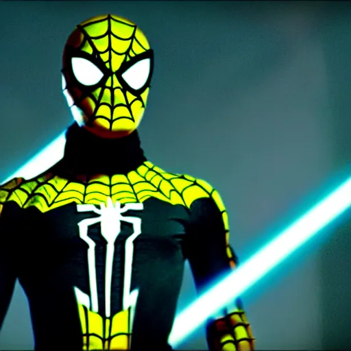 Image similar to black and yellow futuristic depiction of spiderman, large eyes, white webbing, movie still from star wars