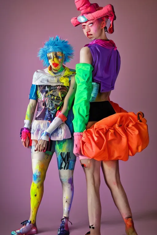 Image similar to a character wearing a diy! costume, with fluo colored details, muted colors, vivienne westwood, satoshi con, hyper real painting