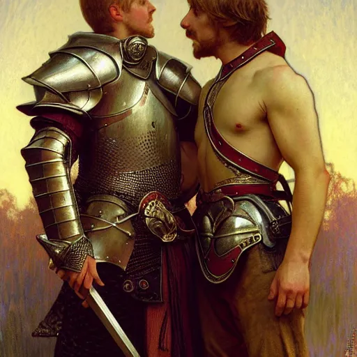 Image similar to attractive arthur pendragon and his attractive male knight, they are in love, natural lighting, path traced, highly detailed, high quality, digital painting, by gaston bussiere, craig mullins, alphonse mucha j. c. leyendecker