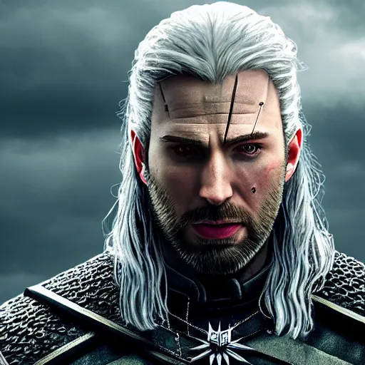 Image similar to Chris Evans as the Witcher, photo real, 4k, epic, high detail, cinematic