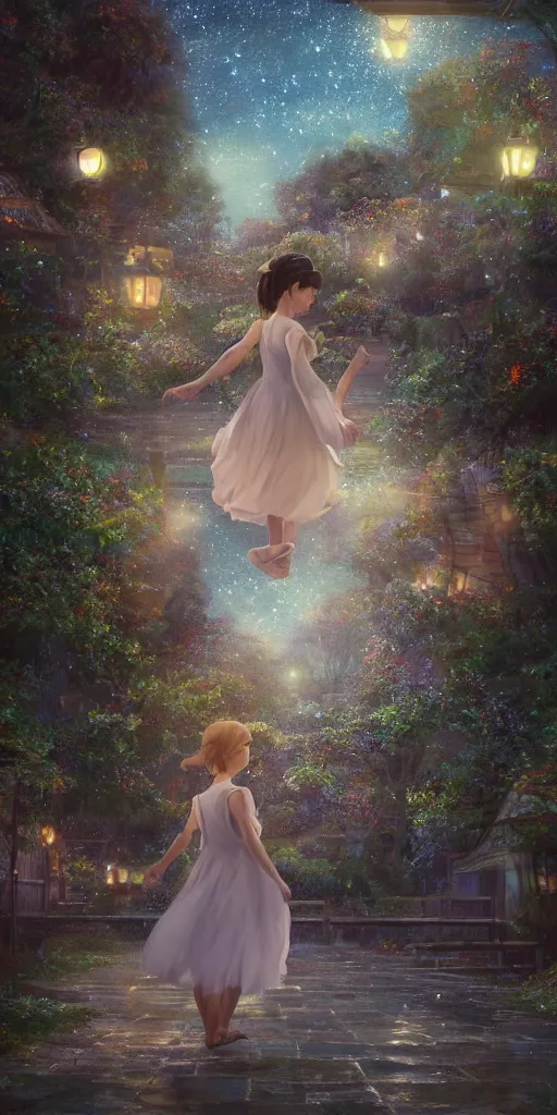 Image similar to a stunning beautiful scene render of somewhere in time a little girl dance latin, emotional, moving, quiet, wonderland, aloneness, dream, realistic, starry night, light effect, moody, attractive, hyper details, 8 k hd, in the style of studio ghibli, beeple, makoto shinkai, animation style, super wide angle, movie lights, very clear