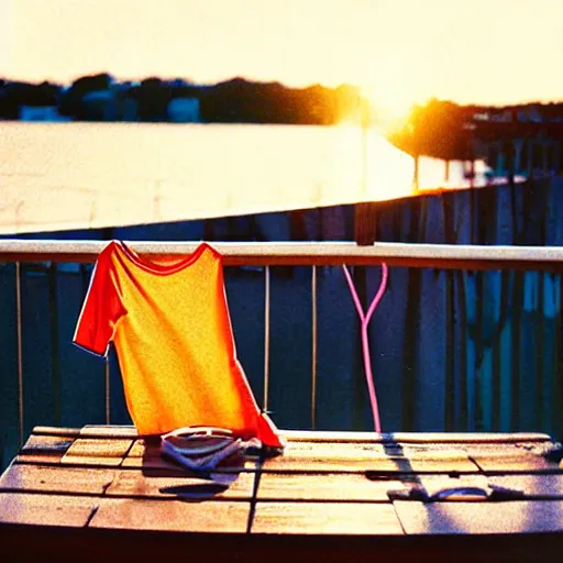 Image similar to A Film photograph of a swimsuit clothes, no person, left on a deck chair. by Cameron Hammond. 1980s magazine style. Cinematic, Golden Hour. Lens flare. 85mm lens, Kodak Gold Film photography