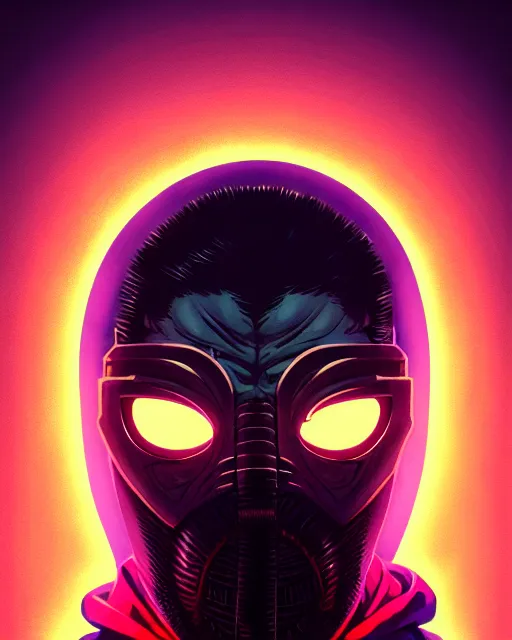 Image similar to synthwave, hyper - realistic portrait of a man in a hoodie, with ninja mask, intricate, 4 k, by atey ghailan, by greg rutkowski, by greg tocchini, by james gilleard, by joe fenton, by kaethe butcher, dynamic lighting, lighting color scheme, sharp focus, grunge aesthetic