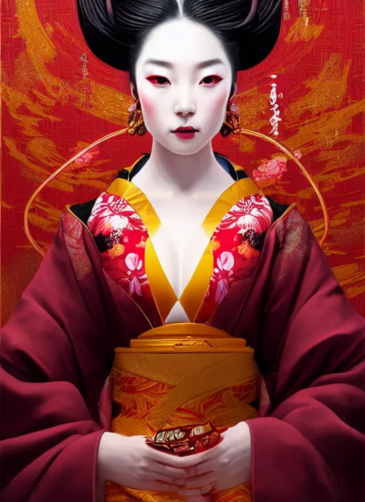 Image similar to dreamlike luxury stunning oiran portrait, red and gold kimono, art by artgerm, wlop, loish, ilya kuvshinov, 8 k realistic, hyperdetailed, beautiful lighting, detailed background, depth of field, symmetrical face, frostbite 3 engine, cryengine,