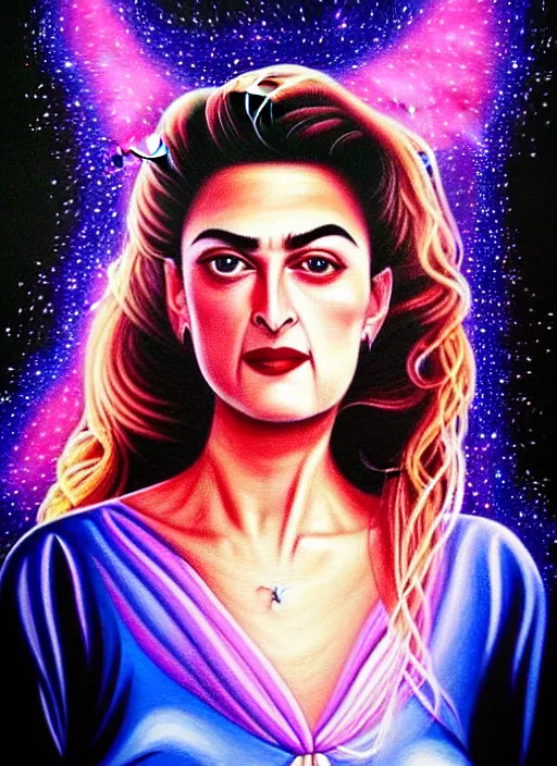 Image similar to elegantly disdainful. Shelly Johnson from Twin Peaks as empress of pulsar stars. ultra detailed painting at 16K resolution and amazingly epic visuals. epically beautiful image. amazing effect, image looks gorgeously crisp as far as it's visual fidelity goes, absolutely outstanding. vivid clarity. ultra. iridescent. mind-breaking. mega-beautiful pencil shadowing. beautiful face. Ultra High Definition. godly shading diffusion. amazingly crisp sharpness. photorealistic 3D rendering on film cel processed twice..