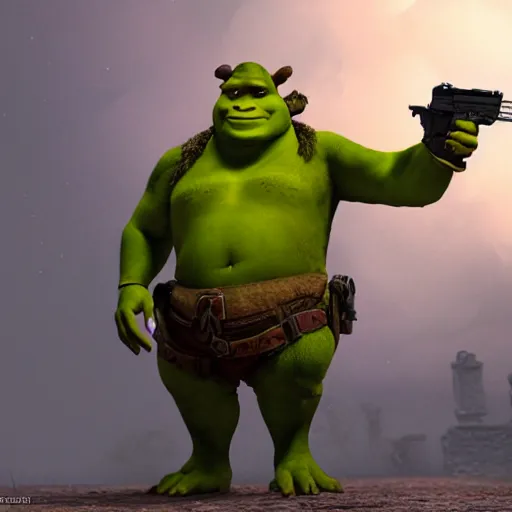 Image similar to pistol skin of shrek, masterpiece, highly detailed, high quality, 4 k, anatomically correct, hyperrealistic, concept art, octane render, unreal engine 5, trending on artstation, trending on deviantart, matte, historical painting, fantasy style, path traced, high coherence, soft lighting, digital painting, mythical
