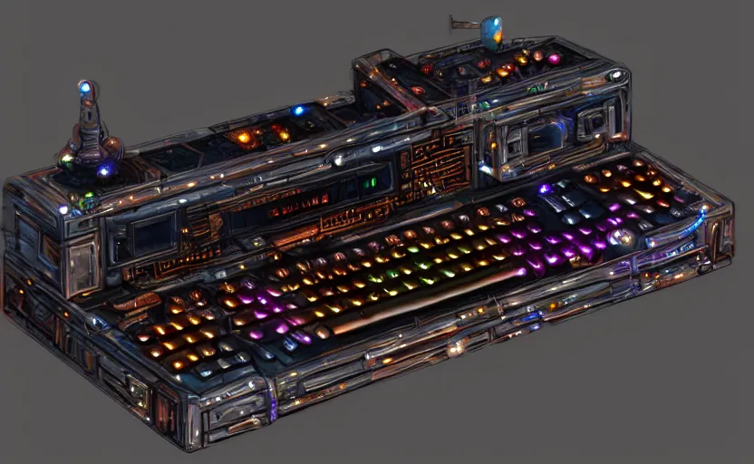 Image similar to small hand tool with leds and keyboards, extremely detailed cyberpunk ( steampunk ), day light, realistic shaded,