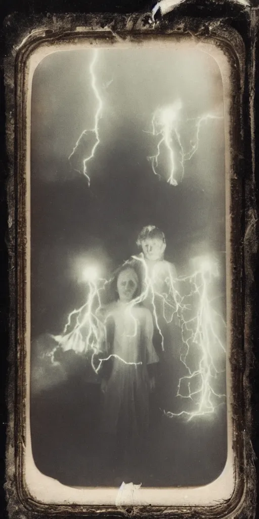 Image similar to spirit photography with glowing bulbous ectoplasm, scary shadow people, sleep paralysis demon, plasma lightning bolts, 1 9 0 0 s, slimer, mourning family, invoke fear and dread, old photograph, daguerreotype