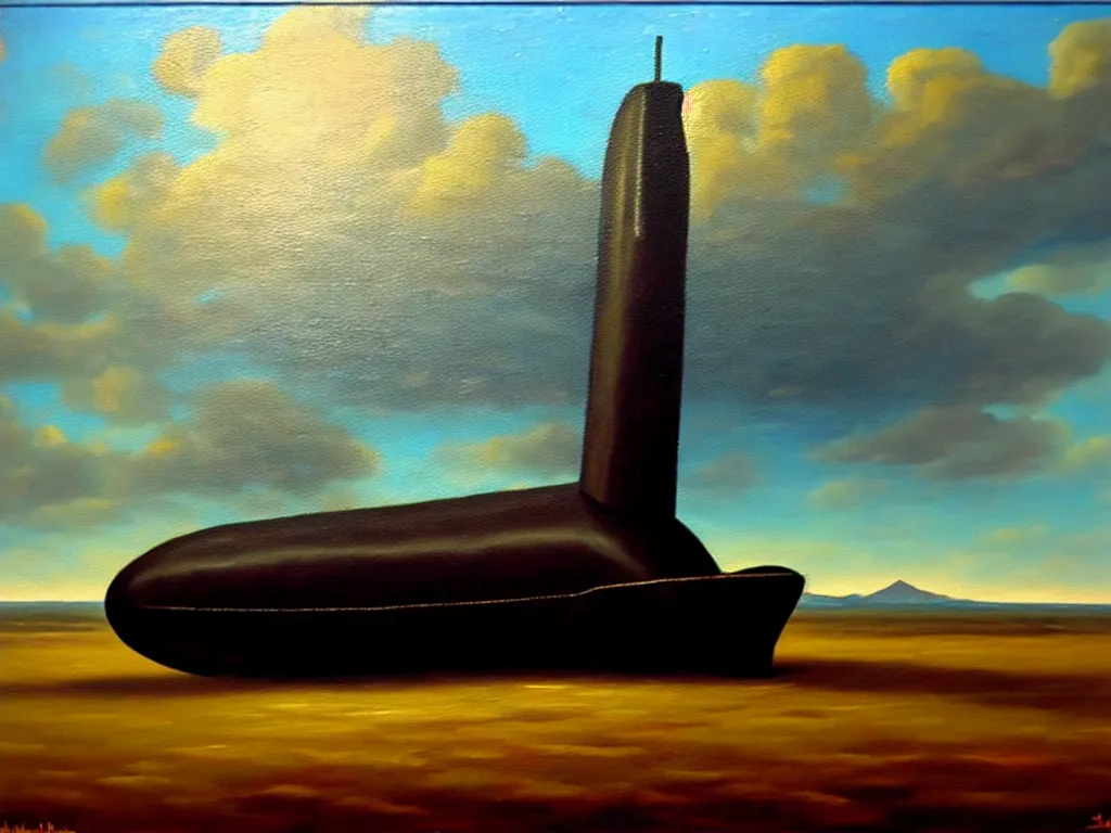 Image similar to an old oil painting of a gothic submarine in a great steppe, trending on artstation