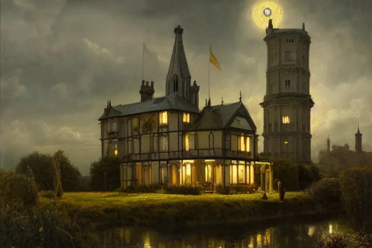 Prompt: a beautiful hyperrealistic painting of a british victorian house with a tower at night, very detailed by andrea kowch, and giovanni paolo paninni and samuel and joseph newsom