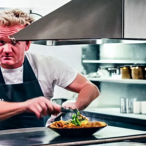 Image similar to hyper real Gordon Ramsey cooking a unicorn in kitchen 4k