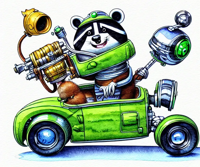 Prompt: cute and funny, racoon wearing a helmet riding in a tiny hot rod with oversized engine, ratfink style by ed roth, centered award winning watercolor pen illustration, isometric illustration by chihiro iwasaki, edited by range murata, tiny details by artgerm and watercolor girl, symmetrically isometrically centered, focused