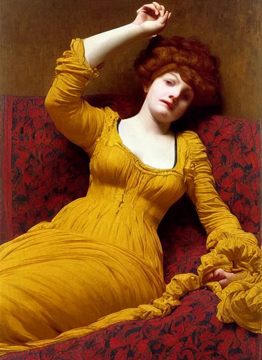 Image similar to masterpiece portrait of lady reclining on bed wearing yellow ochre ornate medieval dress, vertical, foreshortening, colour photography by frederic leighton, william morris, 8 k