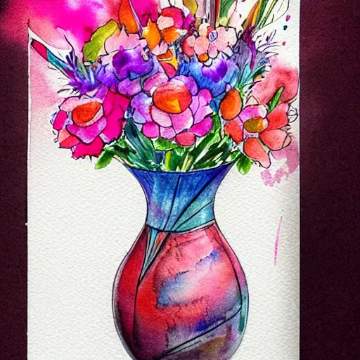 Image similar to a fancy vase with a colorful and beautiful flower arrangement by the fancy window. very stylize and delicate watercolor and pencil drawing. colors splashes. stains. 3 d. beautiful lighting, 4 k post - processing, trending in art station, cg society, view from far.