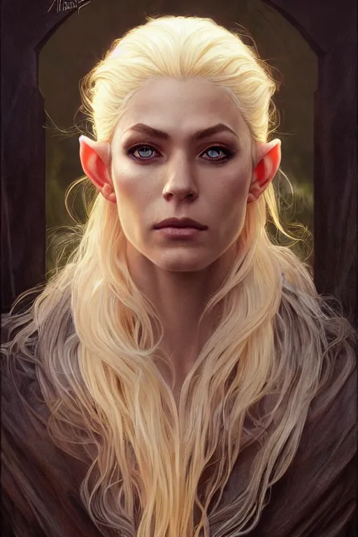 Image similar to portrait of an old blonde elven mage, dark, piercing eyes, gentle expression, elegant clothing, photorealistic, highly detailed, artstation, smooth, sharp focus, art by michael whelan, artgerm, greg rutkowski and alphonse mucha